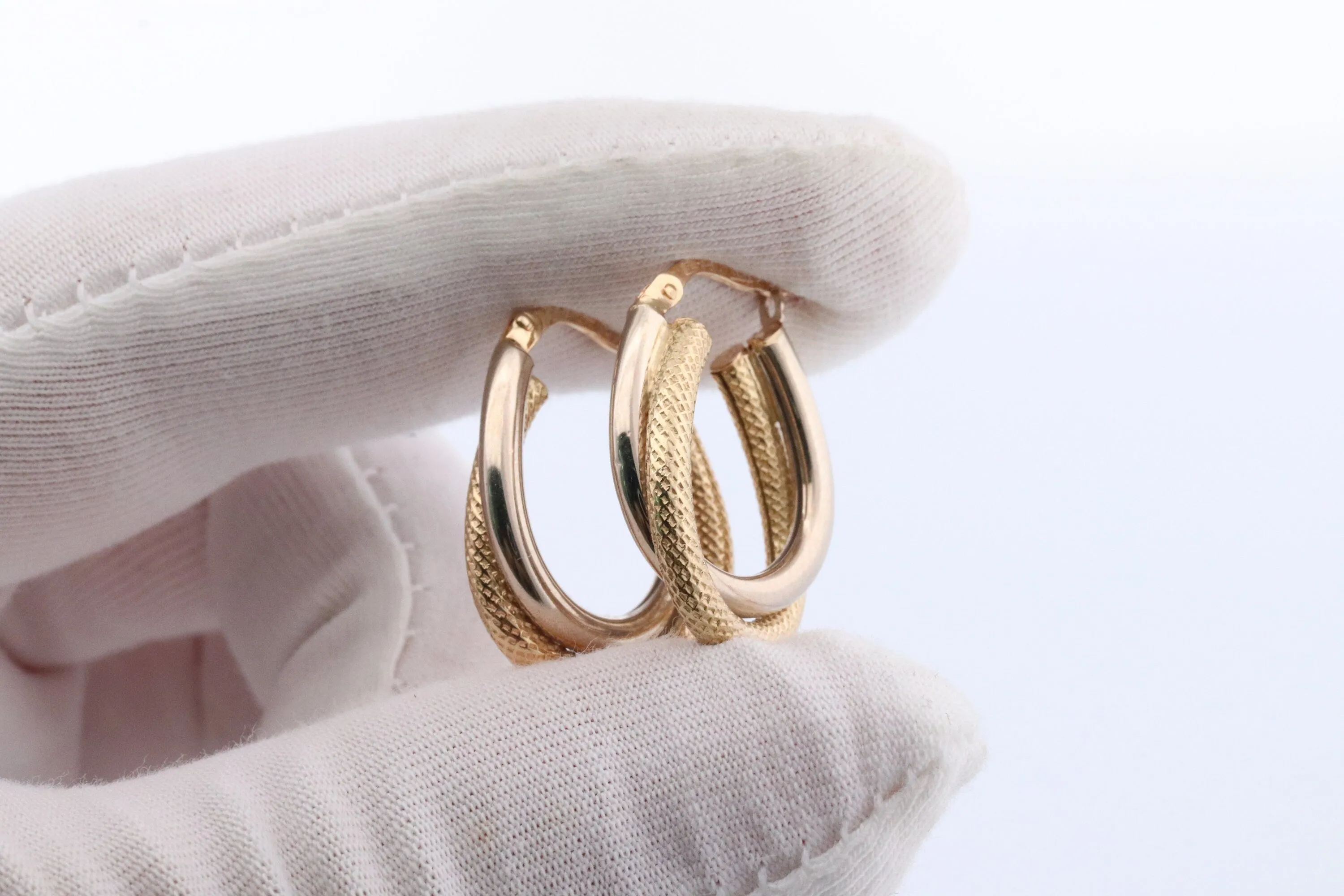 14k Gold Puffed Hollow HOOP Earrings. Intertwined Textured Loop earrings. Dangle Multi Hoop Earrings.