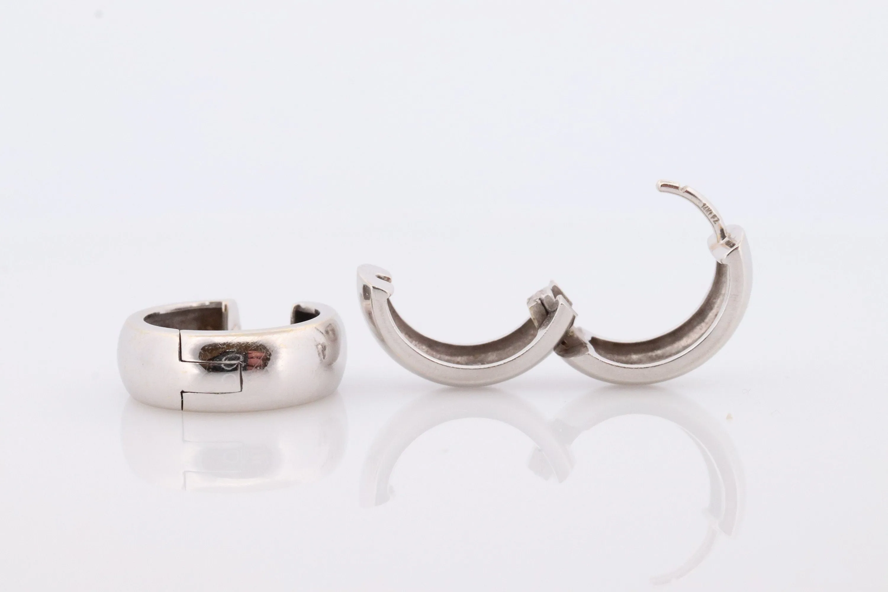 14k Gold Rounded HOOP Earrings. Heavy 6.8g Hoop Gloss earrings. Huggies Wide Polished White Gold Earrings. Huggie Hinged Earrings.