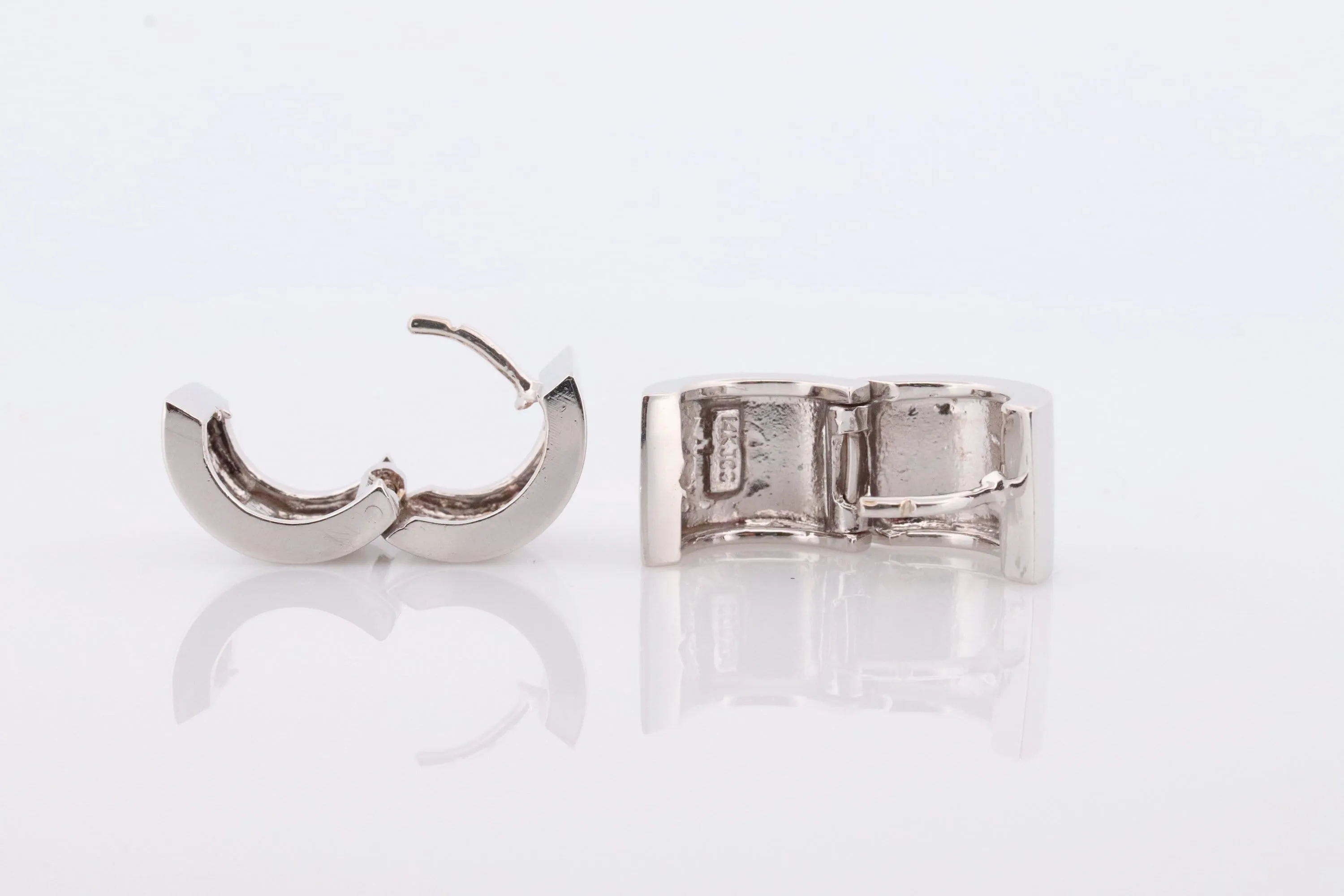 14k Gold WIDE Flat HOOP Earrings. Heavy 8.5g Hoop Gloss earrings. Huggies Wide Polished White Gold Earrings. Huggie Hinged Earrings.