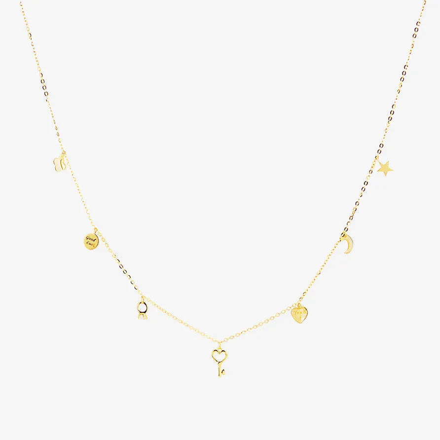 14k Solid Gold Multi Charm Necklace