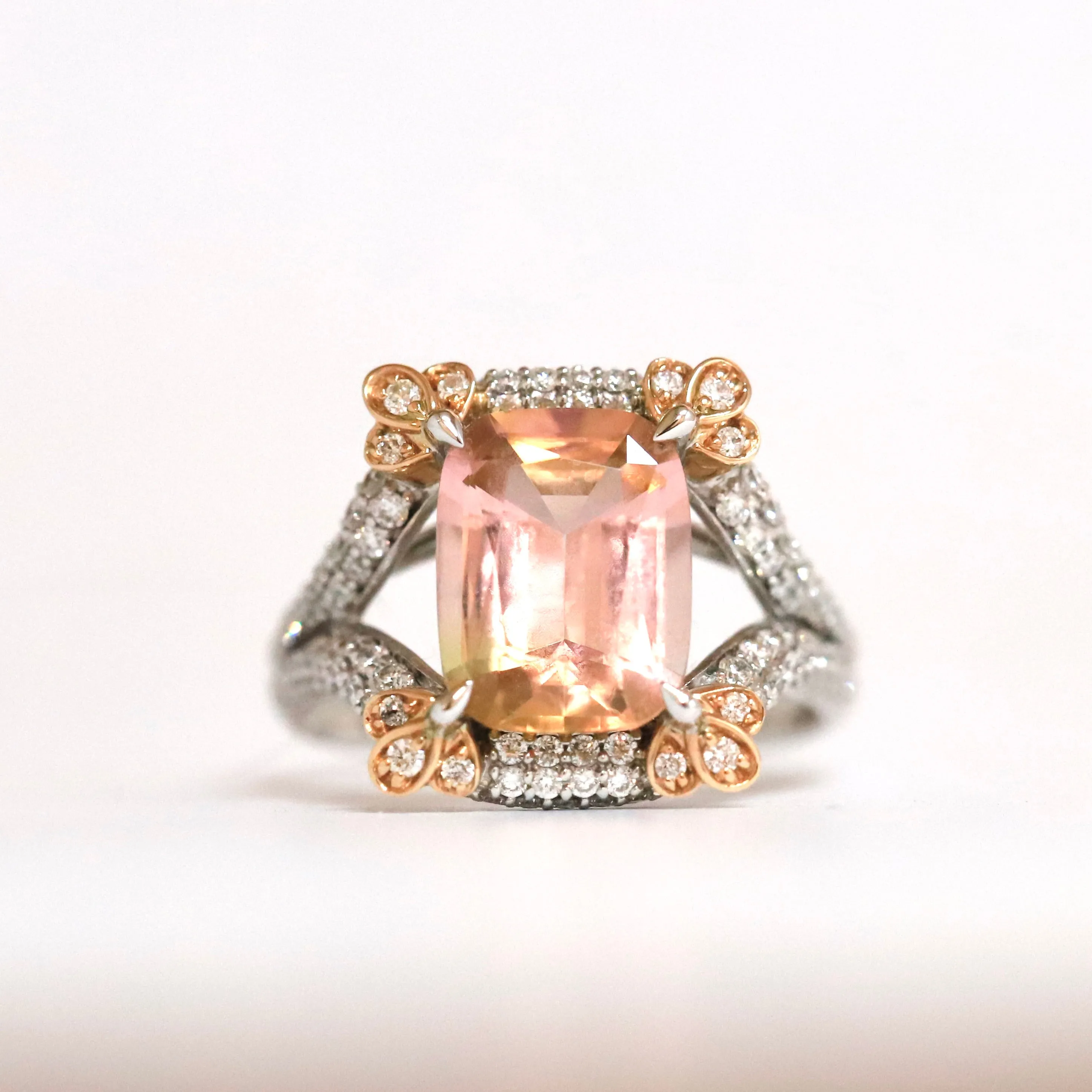 18ct White Gold Cushion Cut Cantaloupe Tourmaline Ring