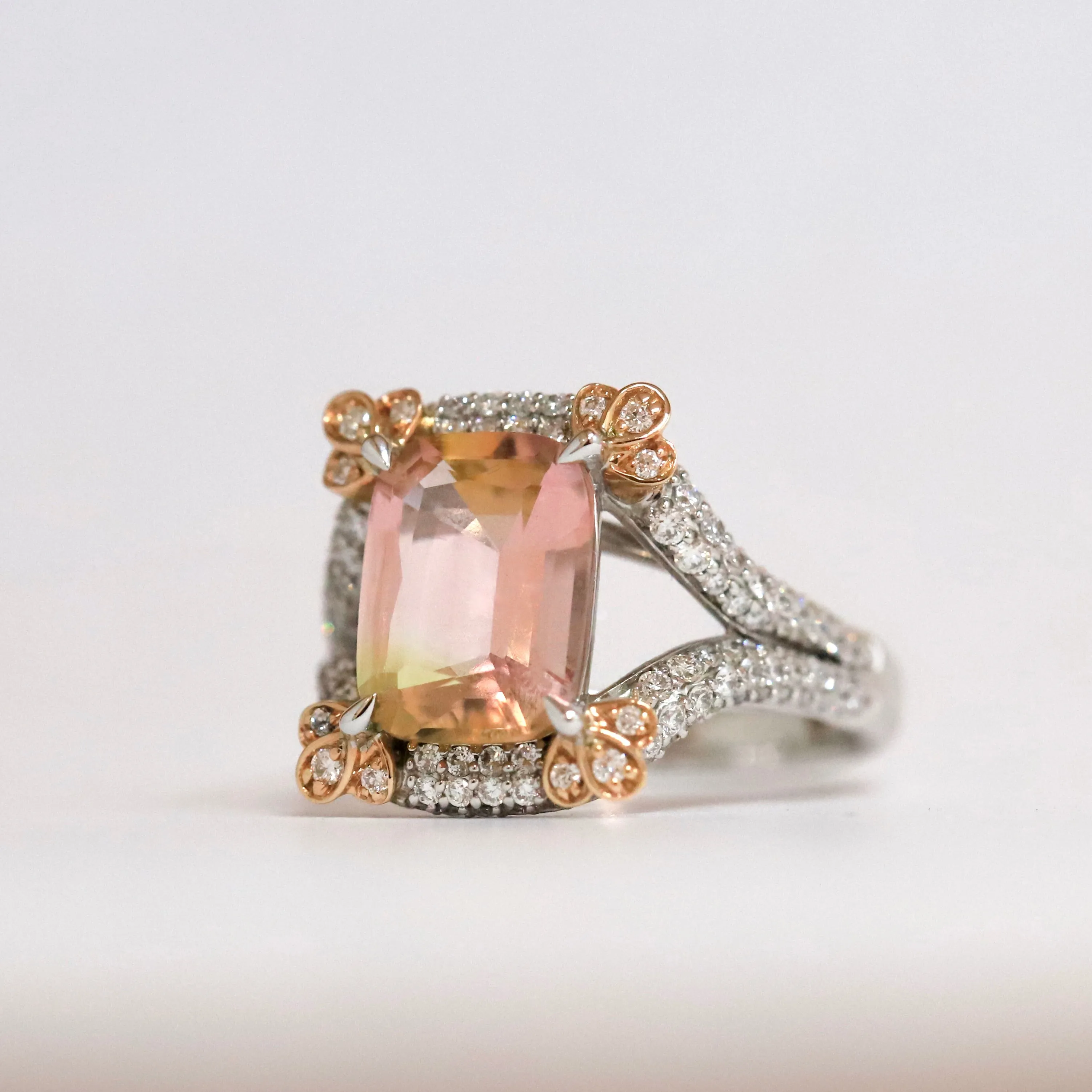 18ct White Gold Cushion Cut Cantaloupe Tourmaline Ring