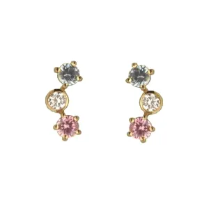 18K Gold Pink Blue and White Zirconia Crawler Post Earrings