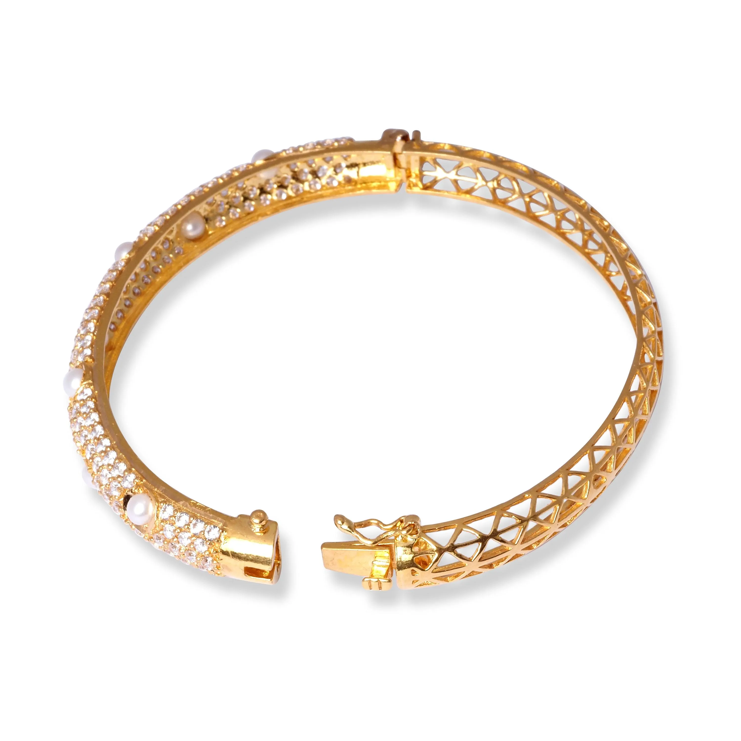 22ct Gold Openable Bangle with Cultured Pearls and Cubic Zirconia Stones B-8556