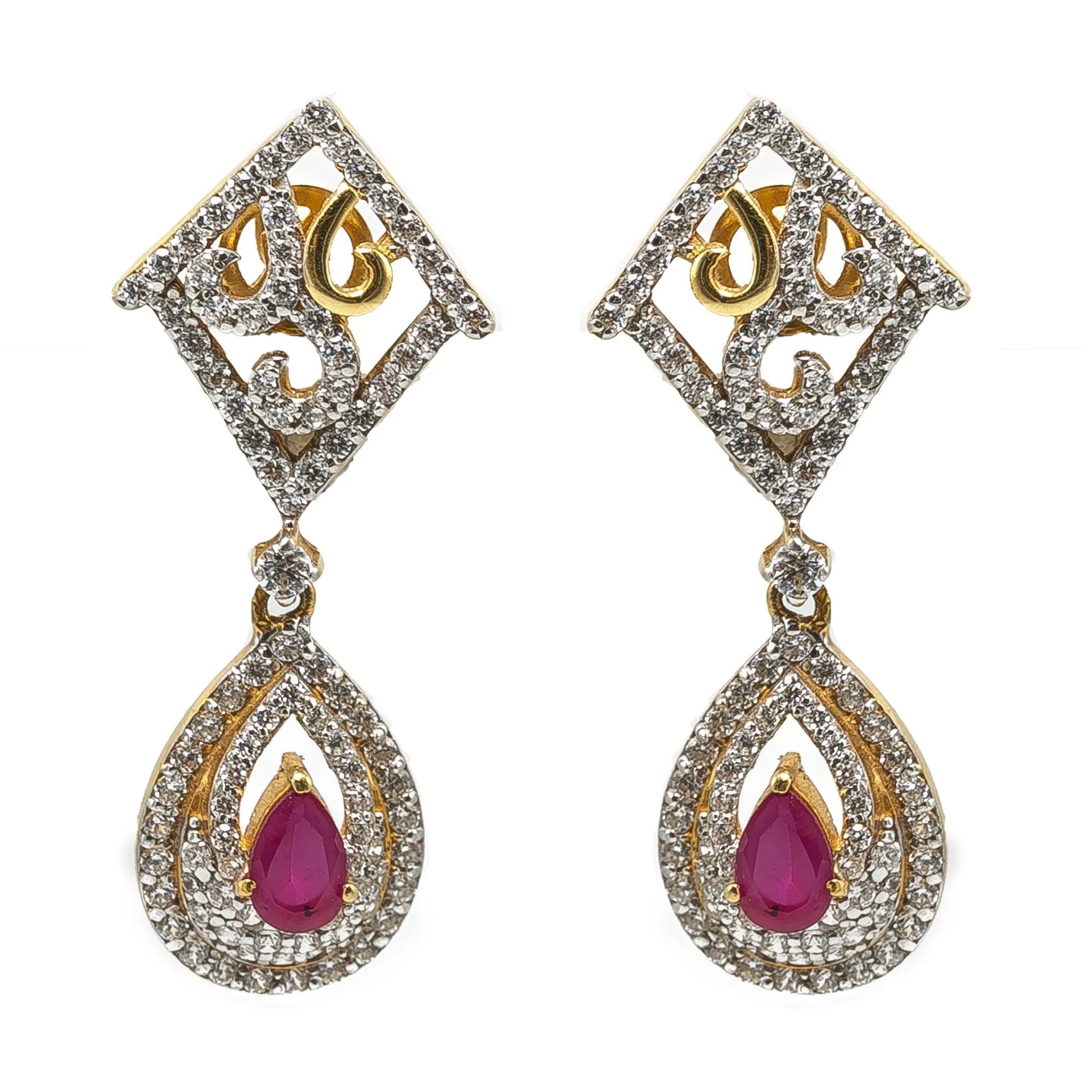 22K Yellow Gold Drop Earrings W/ Rubies, CZ Gems & Faceted Pear Pendant