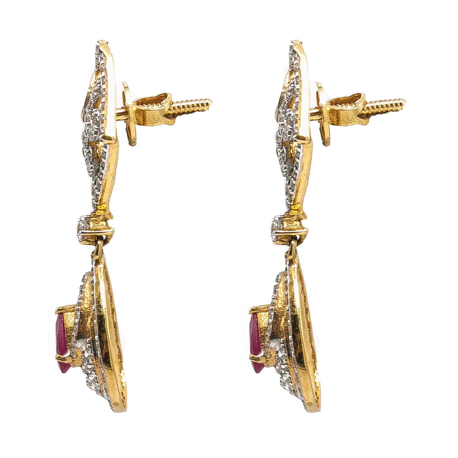 22K Yellow Gold Drop Earrings W/ Rubies, CZ Gems & Faceted Pear Pendant