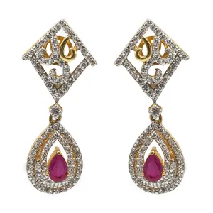 22K Yellow Gold Drop Earrings W/ Rubies, CZ Gems & Faceted Pear Pendant