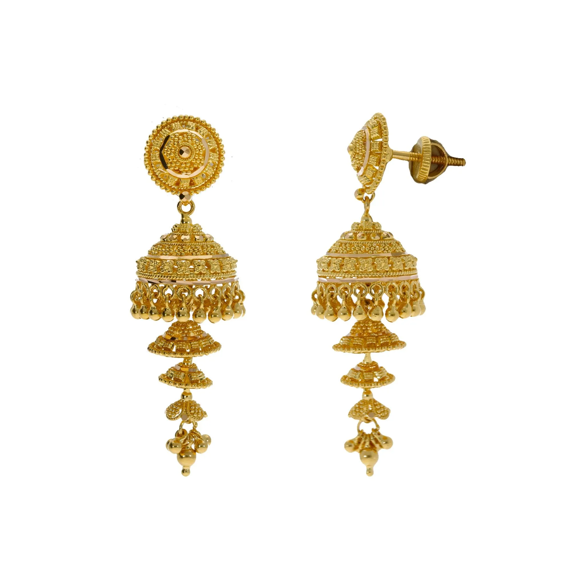 22K Yellow Gold Necklace & Jhumki Earrings Set W/ Beaded Filigree & Chandelier Egyptian Collar