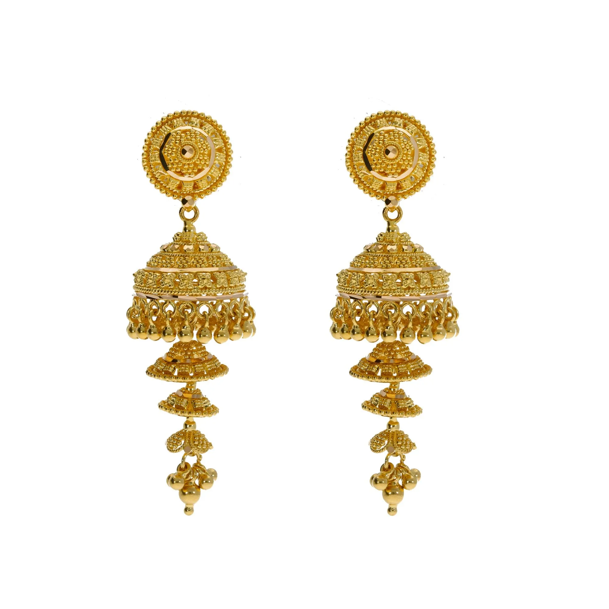 22K Yellow Gold Necklace & Jhumki Earrings Set W/ Beaded Filigree & Chandelier Egyptian Collar