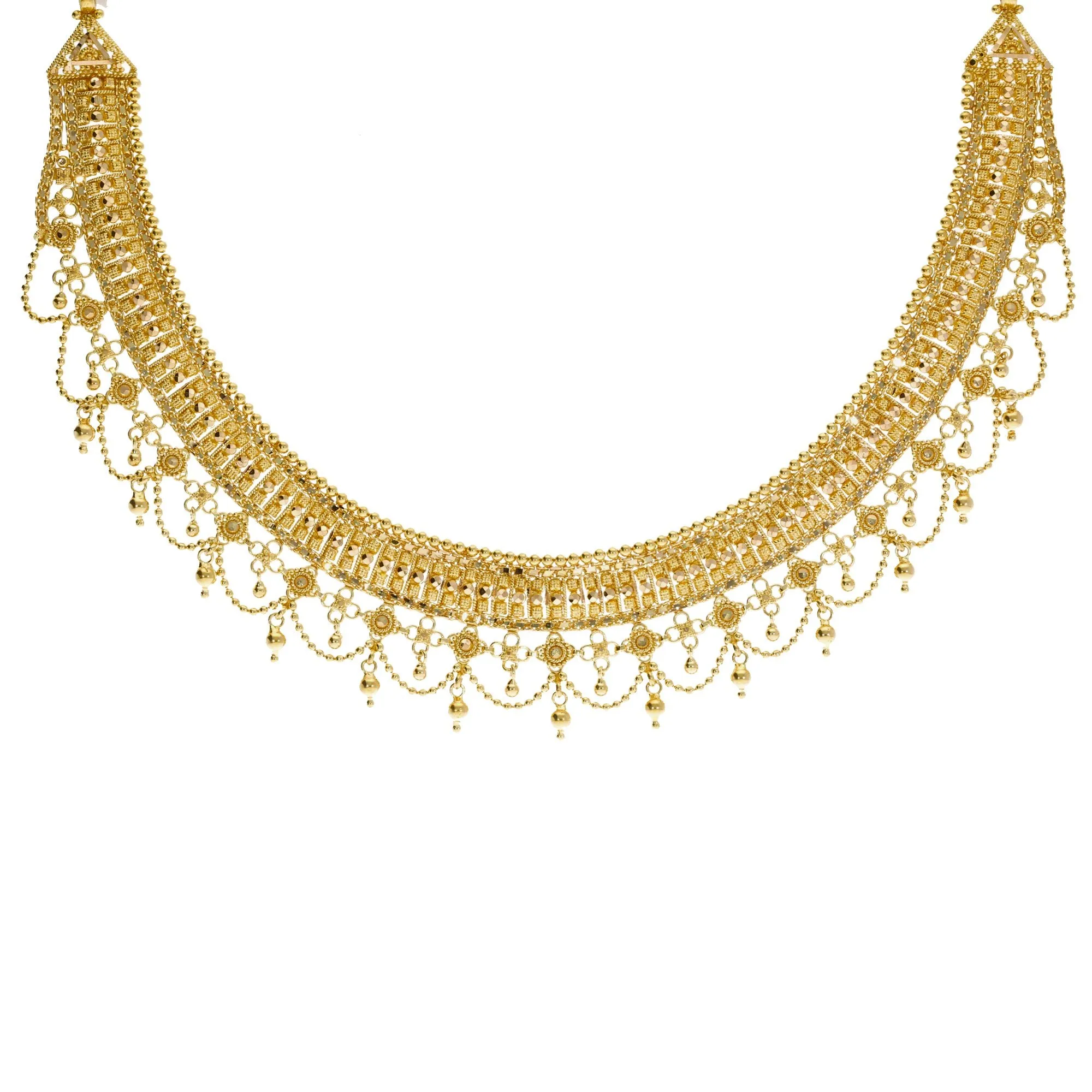 22K Yellow Gold Necklace & Jhumki Earrings Set W/ Beaded Filigree & Chandelier Egyptian Collar