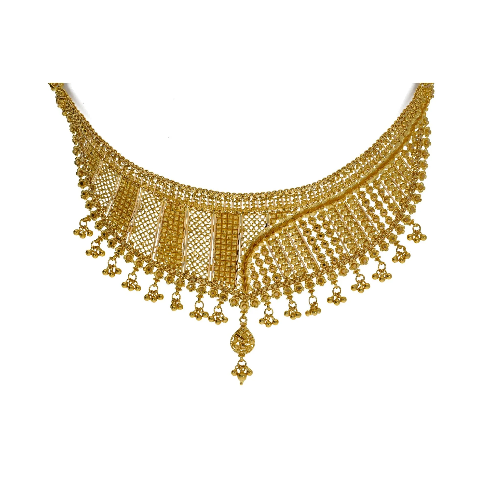 22K Yellow Gold Necklace & Jhumki Earrings Set W/ Beaded Filigree & Short Bib Necklace