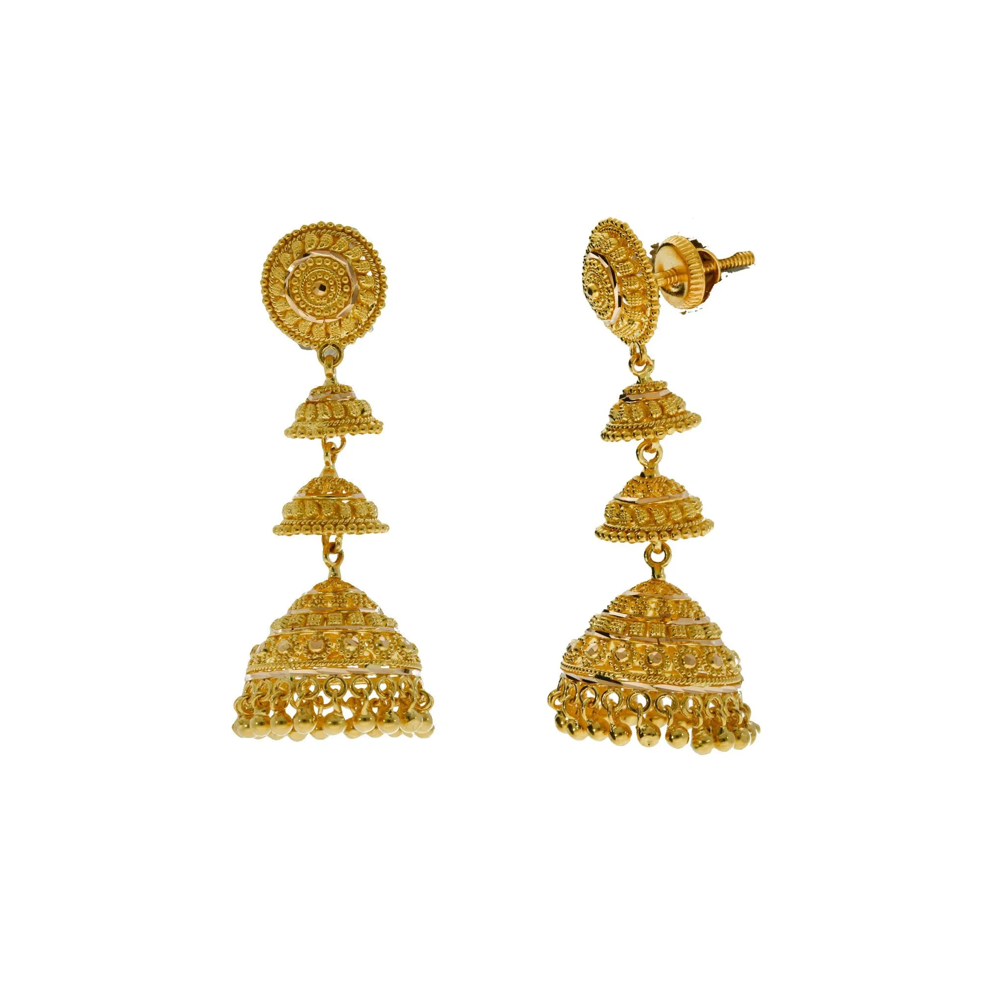 22K Yellow Gold Necklace & Jhumki Earrings Set W/ Beaded Filigree & Short Bib Necklace