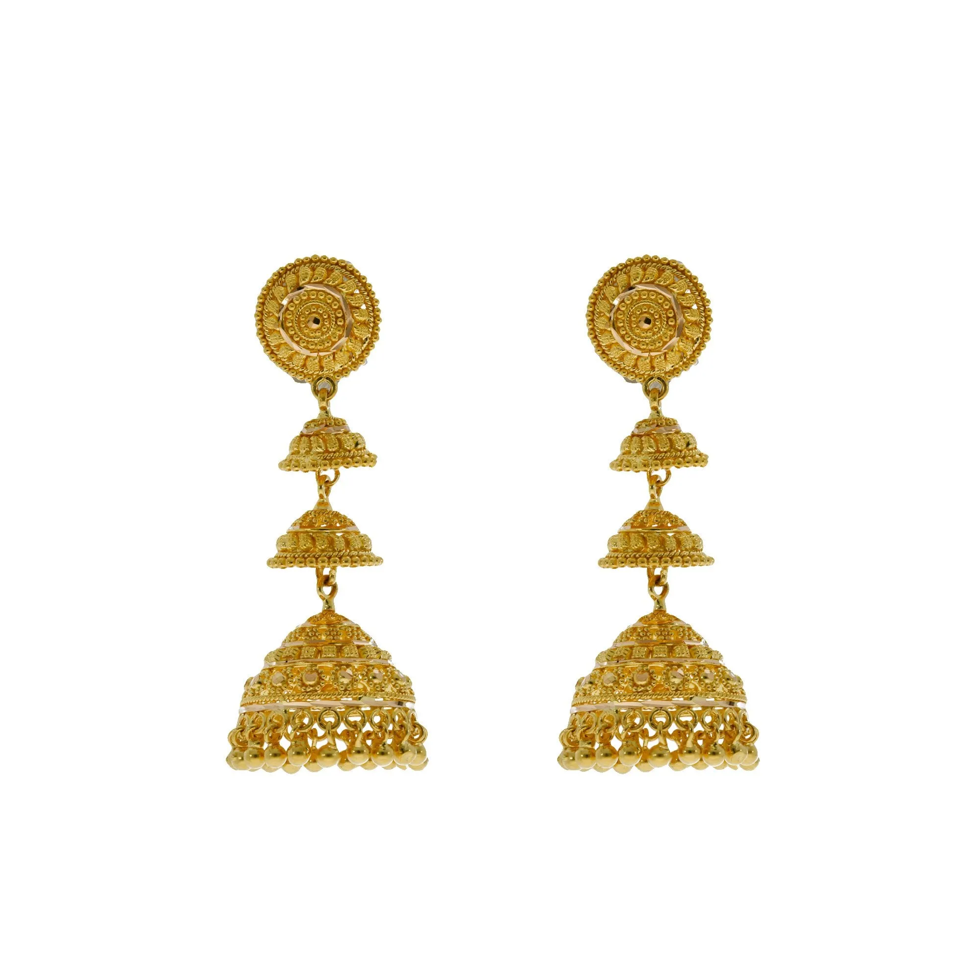 22K Yellow Gold Necklace & Jhumki Earrings Set W/ Beaded Filigree & Short Bib Necklace