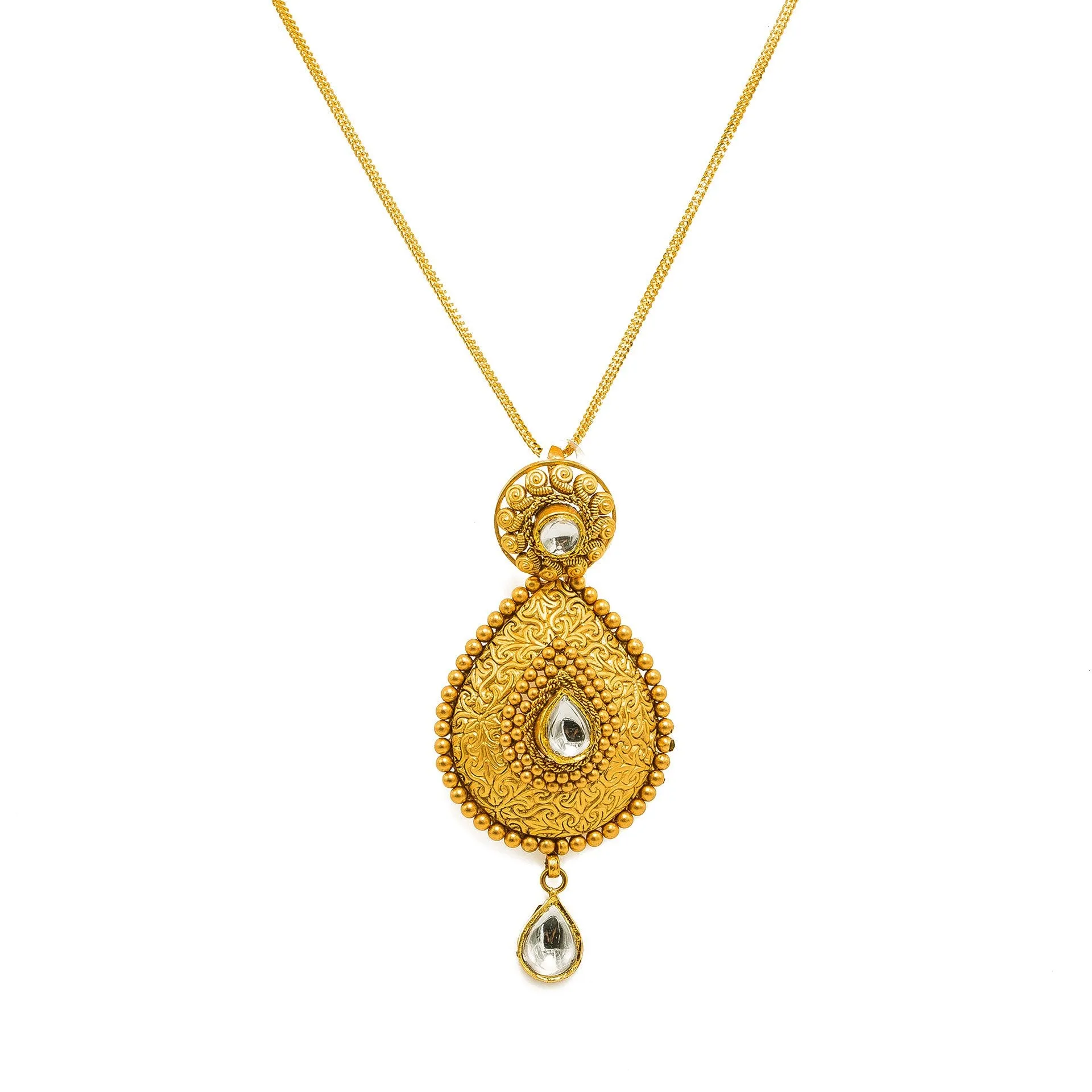 22K Yellow Gold Necklace And Earrings Set W/ Kundan & Pear Shaped Paisley Pendants
