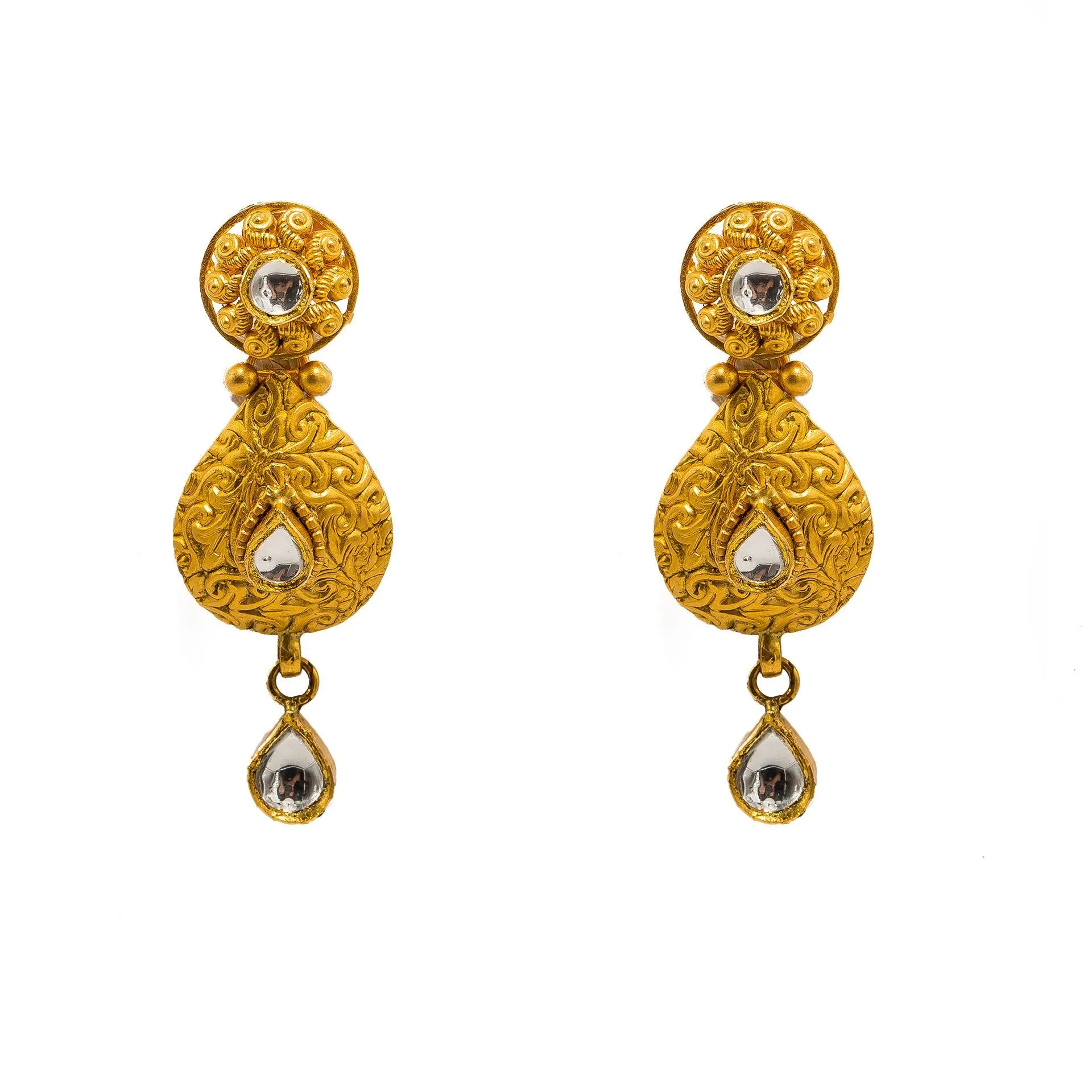 22K Yellow Gold Necklace And Earrings Set W/ Kundan & Pear Shaped Paisley Pendants