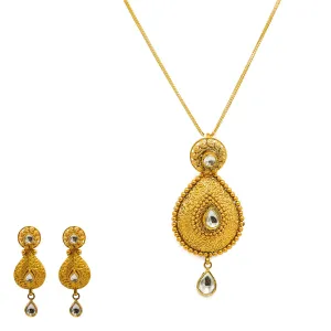 22K Yellow Gold Necklace And Earrings Set W/ Kundan & Pear Shaped Paisley Pendants