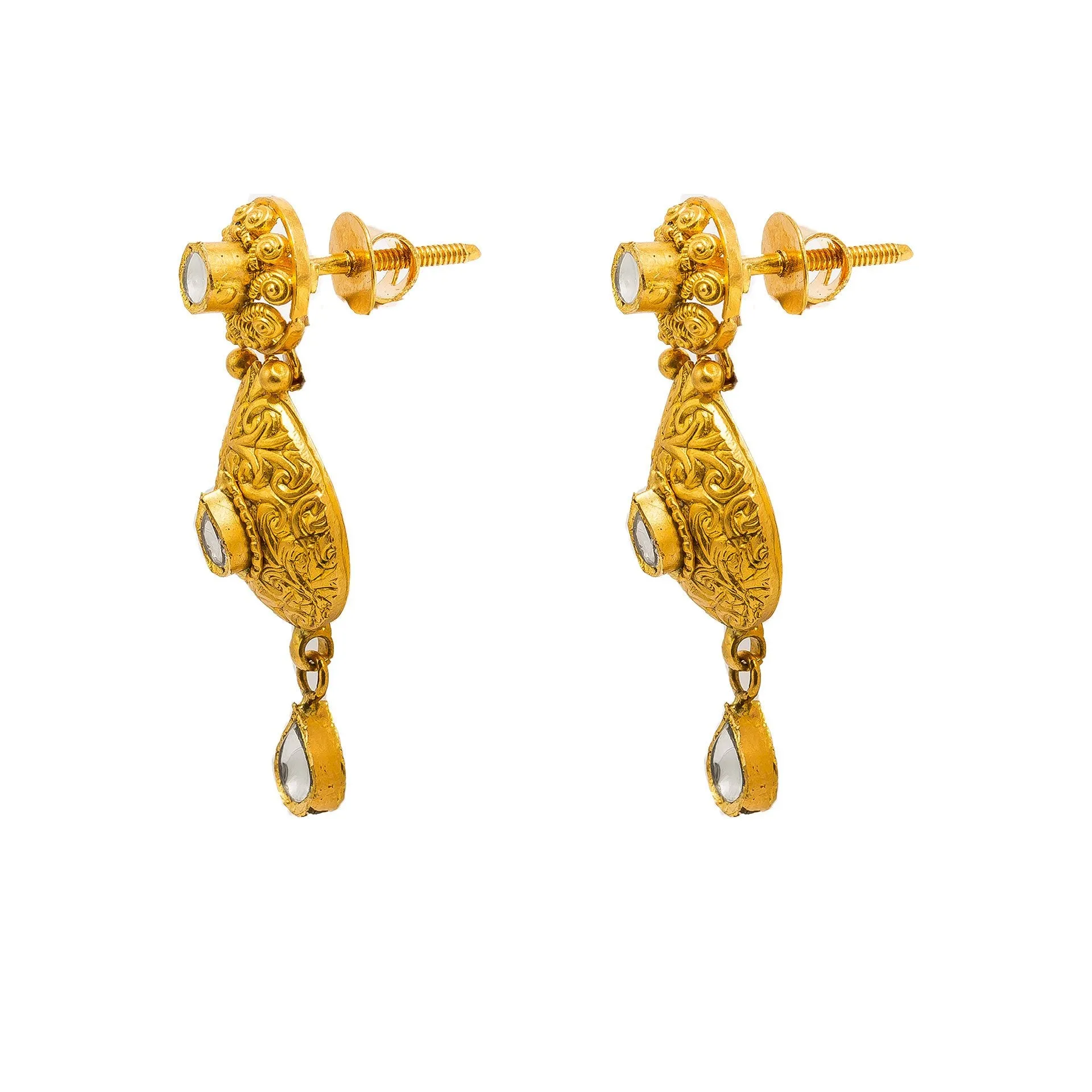 22K Yellow Gold Necklace And Earrings Set W/ Kundan & Pear Shaped Paisley Pendants