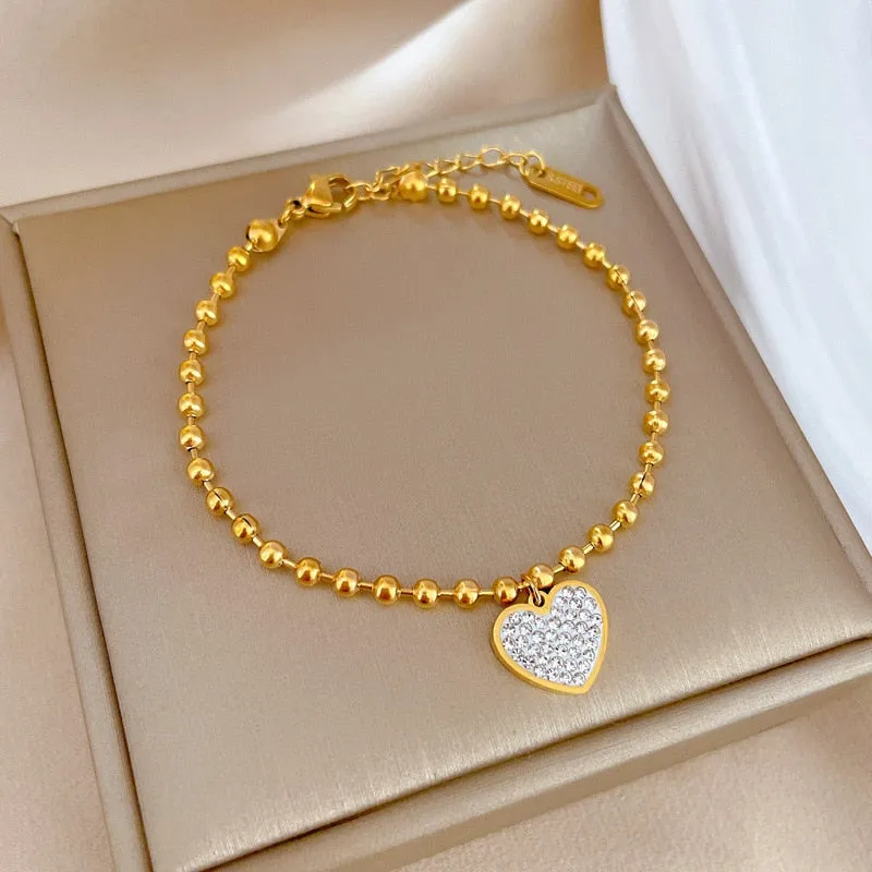 316L Stainless Steel Gold Silver Color Love Heart Rhinestone Charm Bracelet For Women