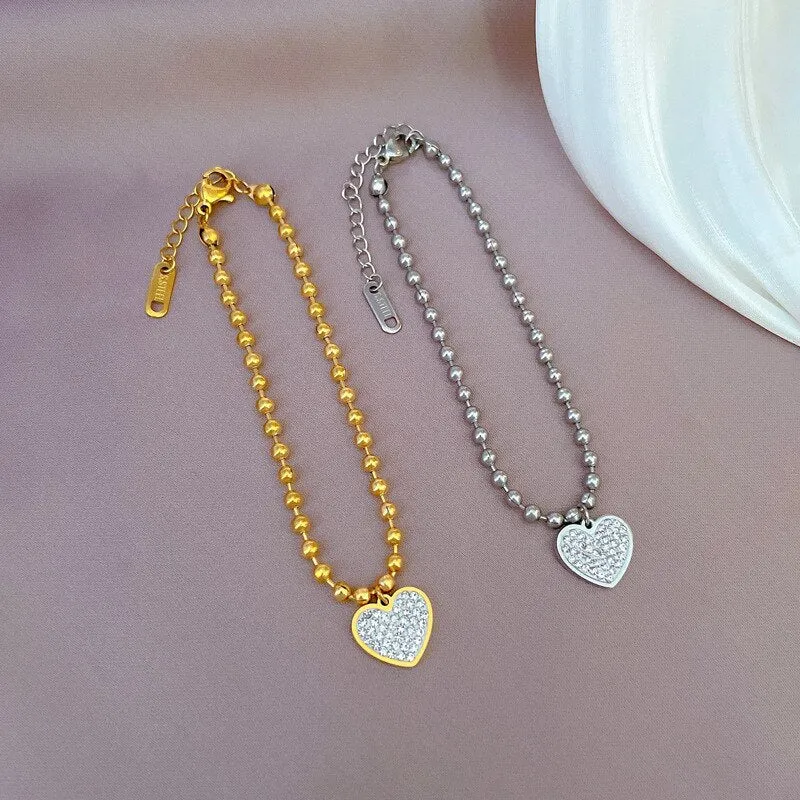 316L Stainless Steel Gold Silver Color Love Heart Rhinestone Charm Bracelet For Women