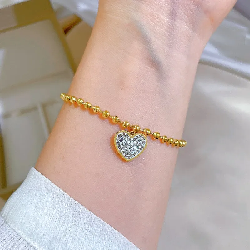 316L Stainless Steel Gold Silver Color Love Heart Rhinestone Charm Bracelet For Women