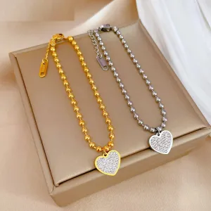 316L Stainless Steel Gold Silver Color Love Heart Rhinestone Charm Bracelet For Women
