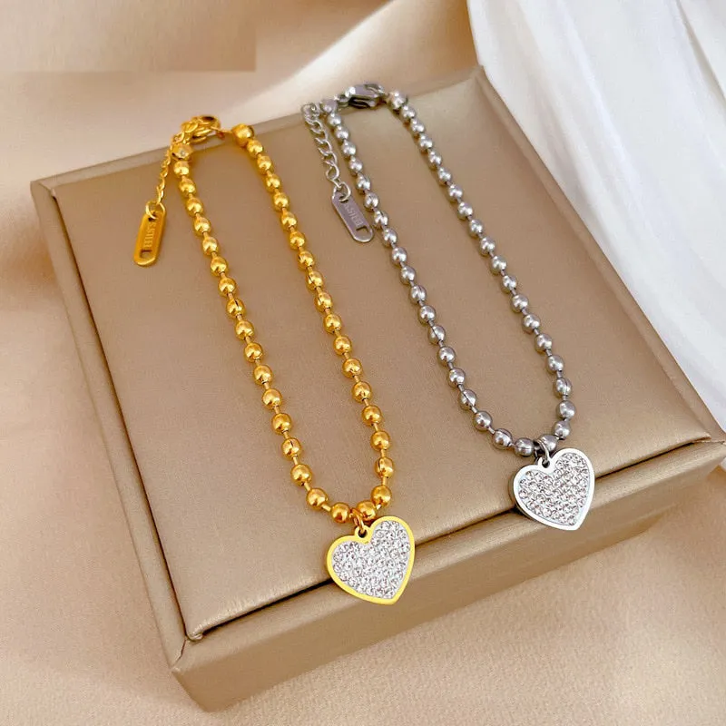 316L Stainless Steel Gold Silver Color Love Heart Rhinestone Charm Bracelet For Women