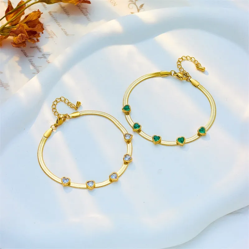 316L Stainless Steel Heart-Shaped White Green Zircon Charm Bracelet For Women