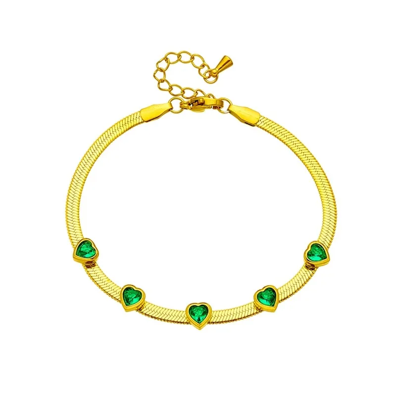 316L Stainless Steel Heart-Shaped White Green Zircon Charm Bracelet For Women