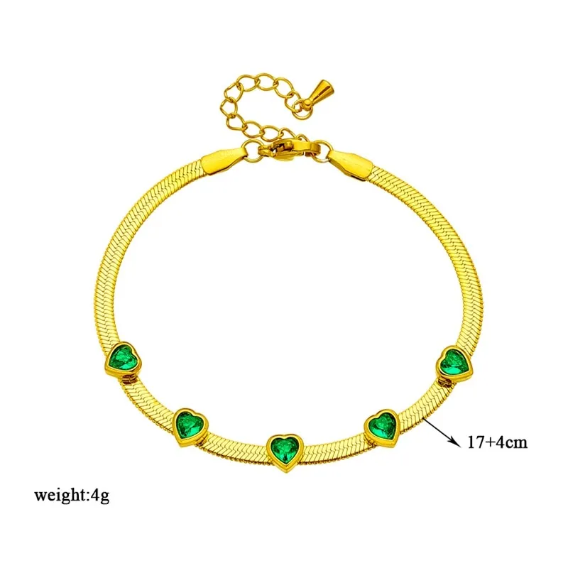 316L Stainless Steel Heart-Shaped White Green Zircon Charm Bracelet For Women