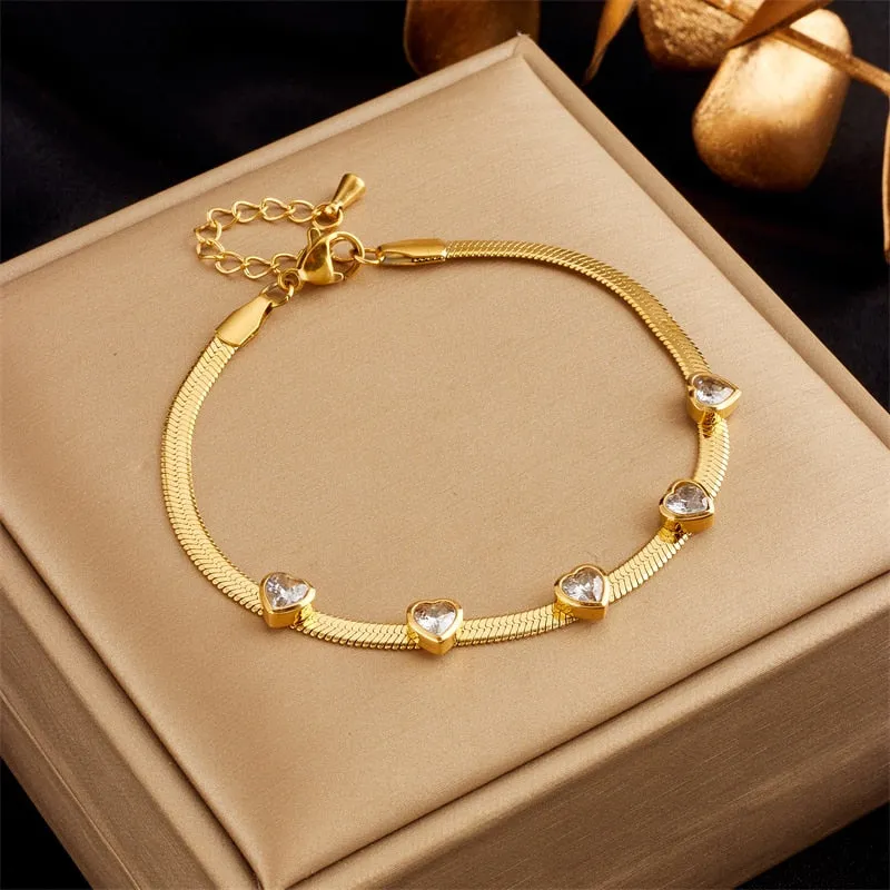 316L Stainless Steel Heart-Shaped White Green Zircon Charm Bracelet For Women