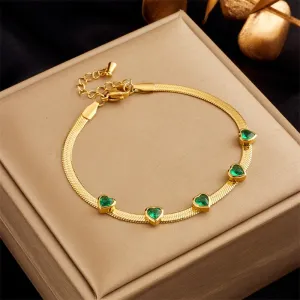 316L Stainless Steel Heart-Shaped White Green Zircon Charm Bracelet For Women