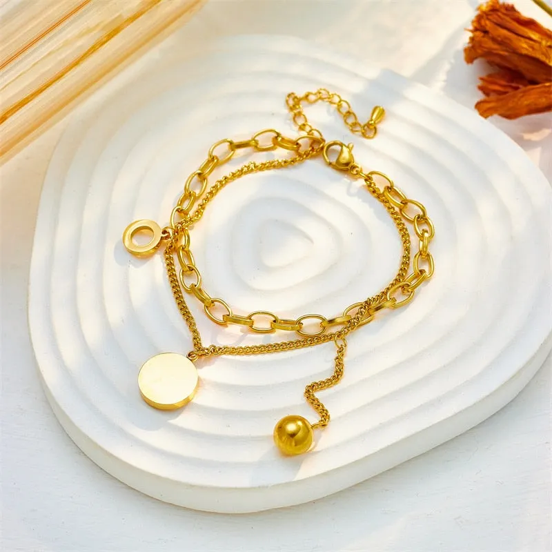 316L Stainless Steel Multilayer Round Roman Numeral Beads Charm Bracelet For Women
