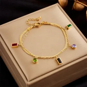316L Stainless Steel Multilayer Round Square Zircon Charm Bracelet For Women