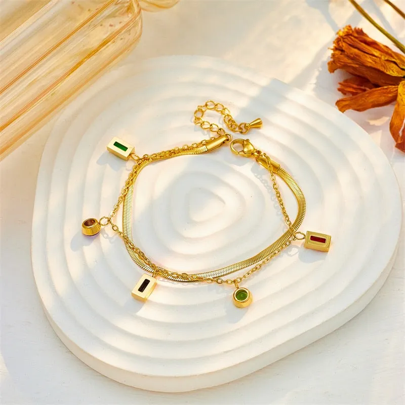316L Stainless Steel Multilayer Round Square Zircon Charm Bracelet For Women
