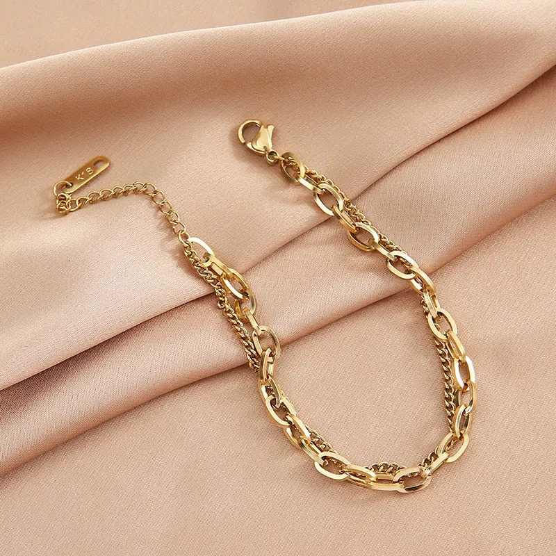 316L Stainless Steel Punk 2 Layer Bracelet Simple Irregular Chain Gold Silver Colours Women Men