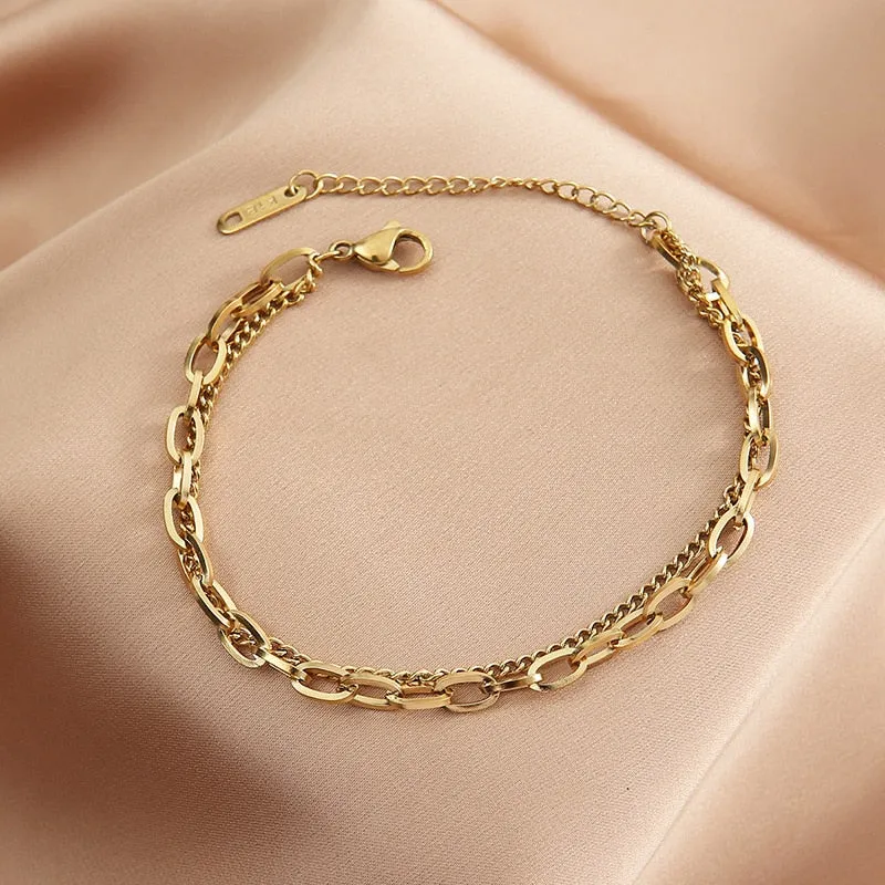 316L Stainless Steel Punk 2 Layer Bracelet Simple Irregular Chain Gold Silver Colours Women Men