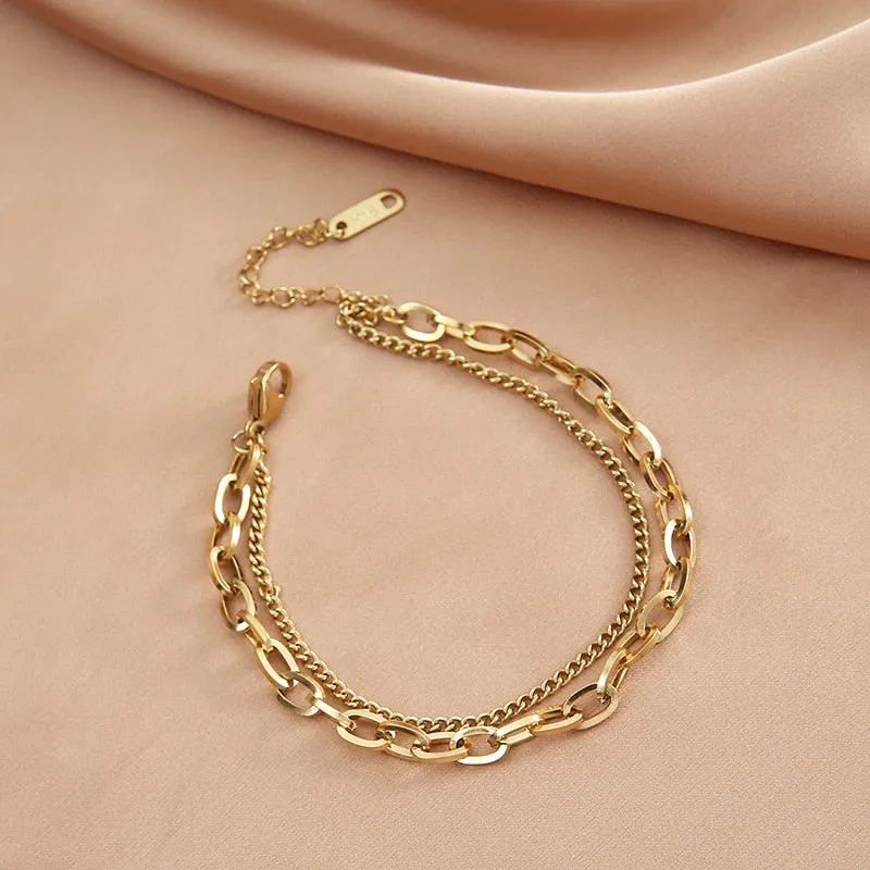 316L Stainless Steel Punk 2 Layer Bracelet Simple Irregular Chain Gold Silver Colours Women Men