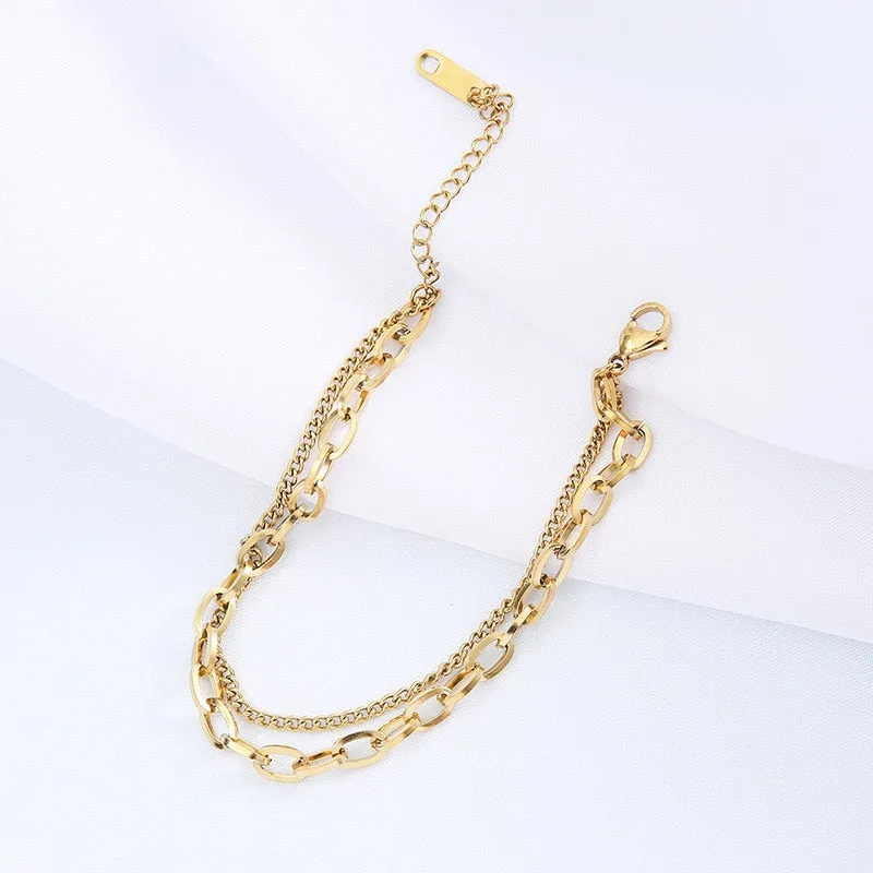 316L Stainless Steel Punk 2 Layer Bracelet Simple Irregular Chain Gold Silver Colours Women Men