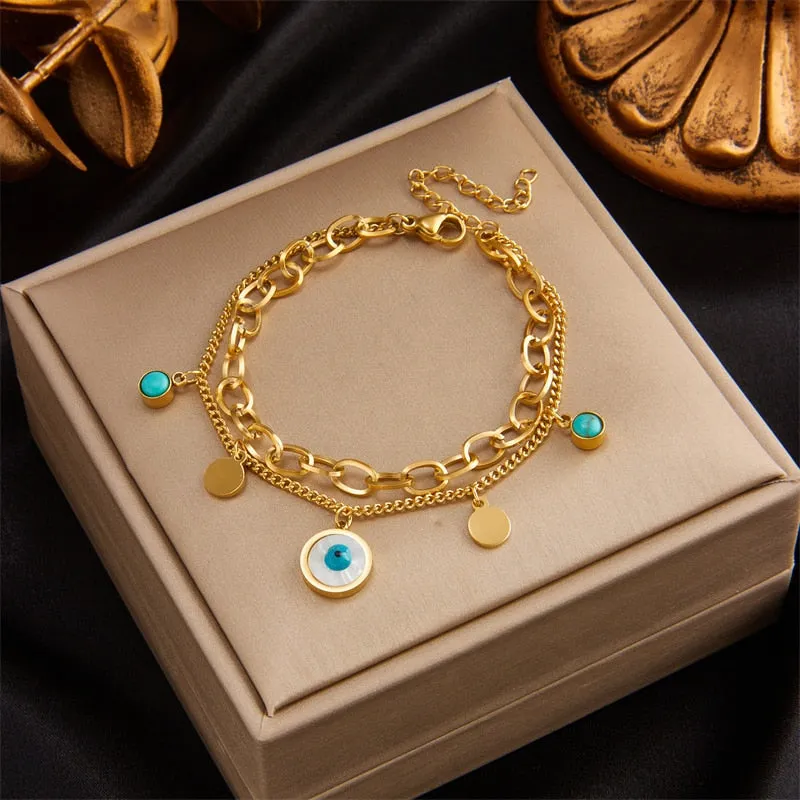 316L Stainless Steel Round Blue Eye Shape Charm Bracelet For Women