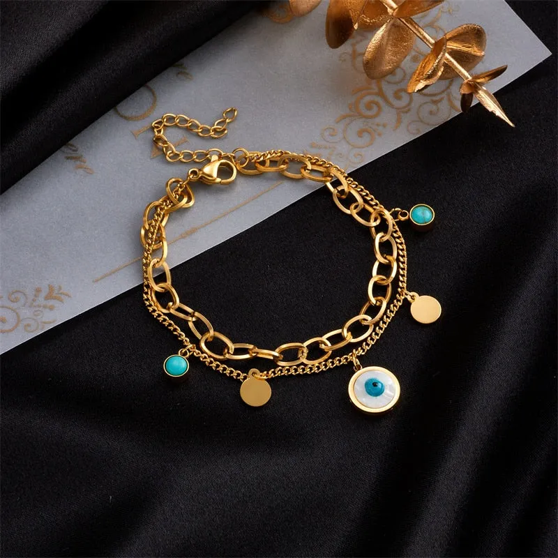 316L Stainless Steel Round Blue Eye Shape Charm Bracelet For Women