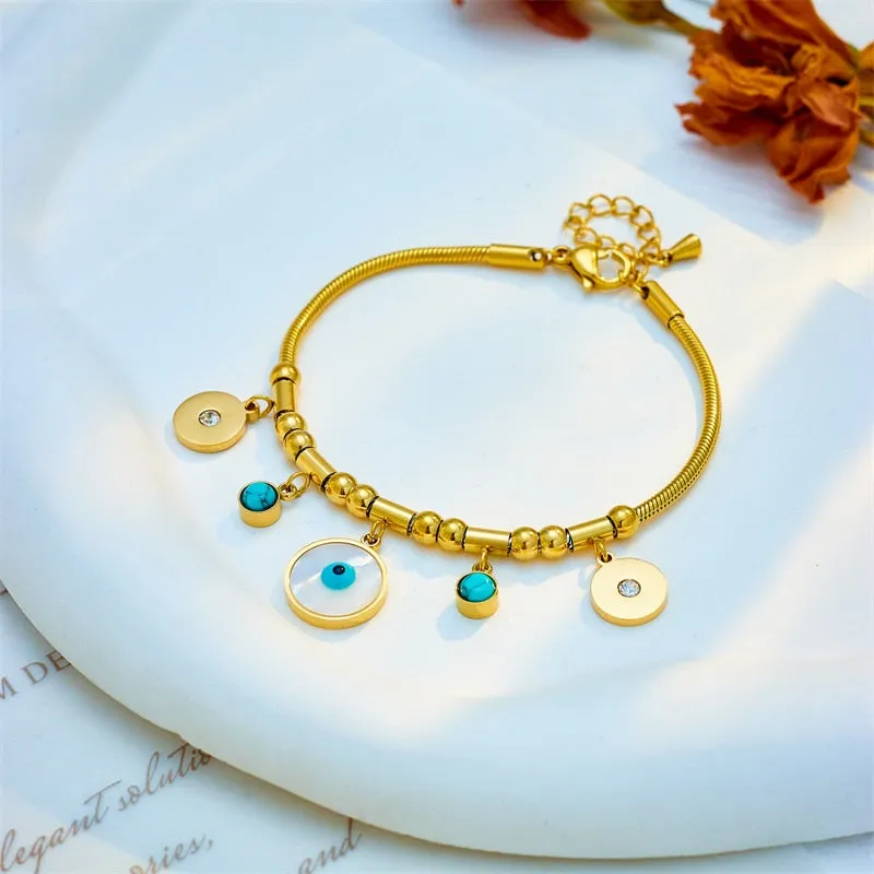 316L Stainless Steel Round Eyes Green Stone Charm Bracelet For Women