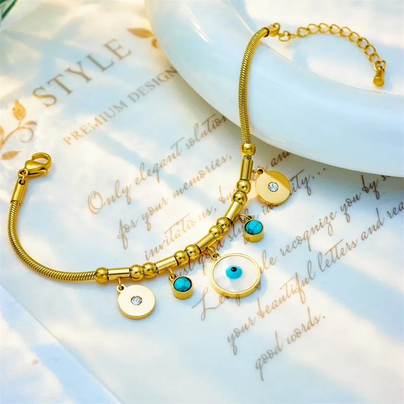316L Stainless Steel Round Eyes Green Stone Charm Bracelet For Women