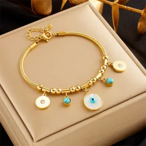 316L Stainless Steel Round Eyes Green Stone Charm Bracelet For Women