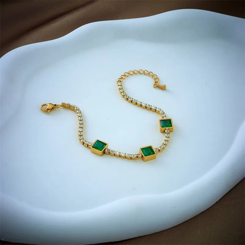 316L Stainless Steel Square Green Zircon Charm Bracelet For Women