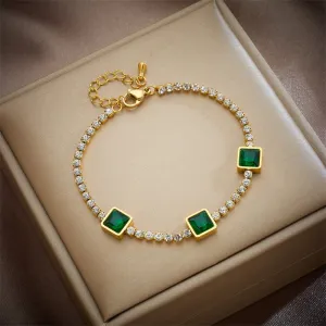 316L Stainless Steel Square Green Zircon Charm Bracelet For Women