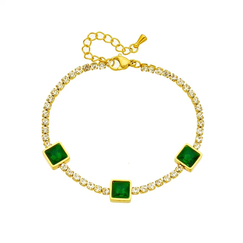 316L Stainless Steel Square Green Zircon Charm Bracelet For Women