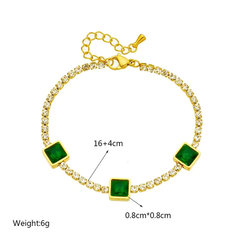 316L Stainless Steel Square Green Zircon Charm Bracelet For Women