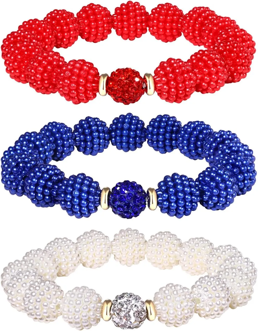 3PCS Independence Day Chunky Beaded Bracelets Patriotic 4th of July Beaded Bracelets Crystal Beaded Bracelet for Women America Flag Red White And Blue Bead Ball Stretch Bracelet Jewelry Gifts