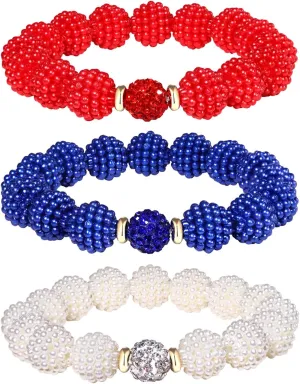 3PCS Independence Day Chunky Beaded Bracelets Patriotic 4th of July Beaded Bracelets Crystal Beaded Bracelet for Women America Flag Red White And Blue Bead Ball Stretch Bracelet Jewelry Gifts