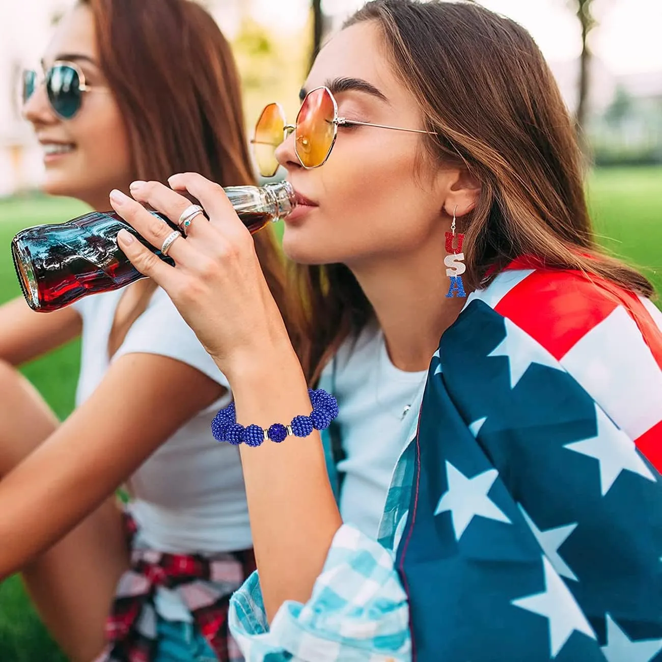 3PCS Independence Day Chunky Beaded Bracelets Patriotic 4th of July Beaded Bracelets Crystal Beaded Bracelet for Women America Flag Red White And Blue Bead Ball Stretch Bracelet Jewelry Gifts